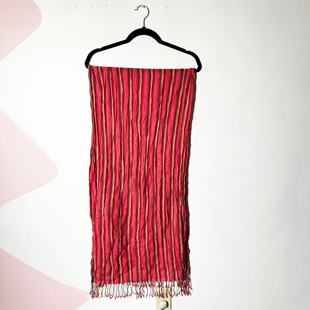 Eddie Bauer Scarf One Size Red Orange Striped Crinkle Fringe